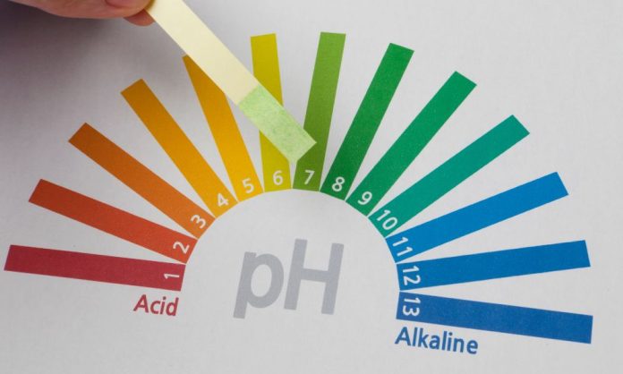 Bir el, pH ölçeği çizelgesine karşı bir pH test şeridi tutuyor. 7'lik Ph Değeri ile eşleşen şerit, nötrlüğü gösteriyor. Ölçek, soldaki kırmızıdan (asidik) sağdaki koyu maviye (alkali) kadar uzanıyor, Kimya Terimleri'nde doğru pH Ölçümü için temel terimler.